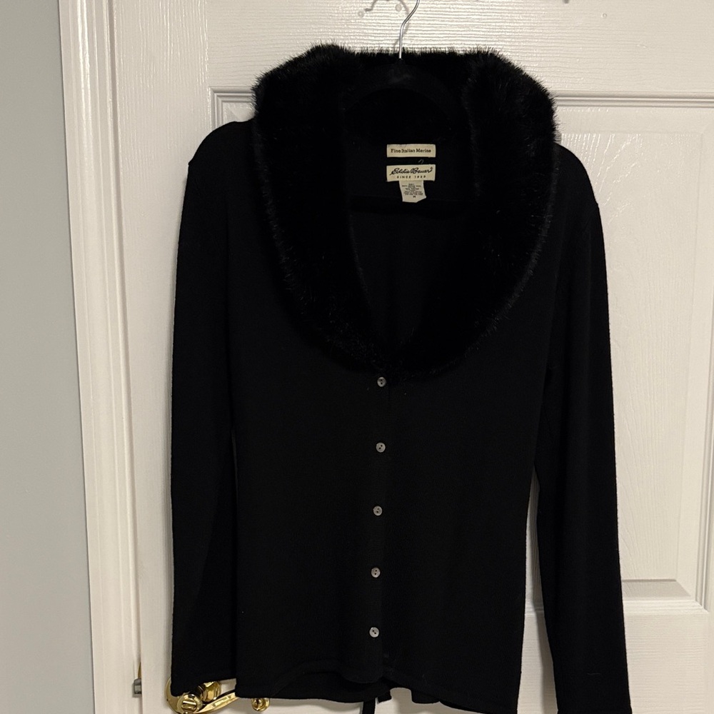 Eddie Bauer Black Cardigan with Faux Fur Collar